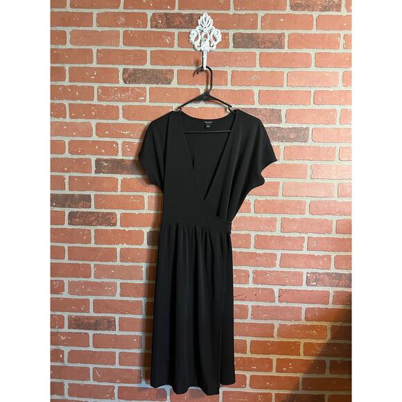 Ann Taylor | Black V-Neck Wrap Midi Dress - Picture 1 of 7